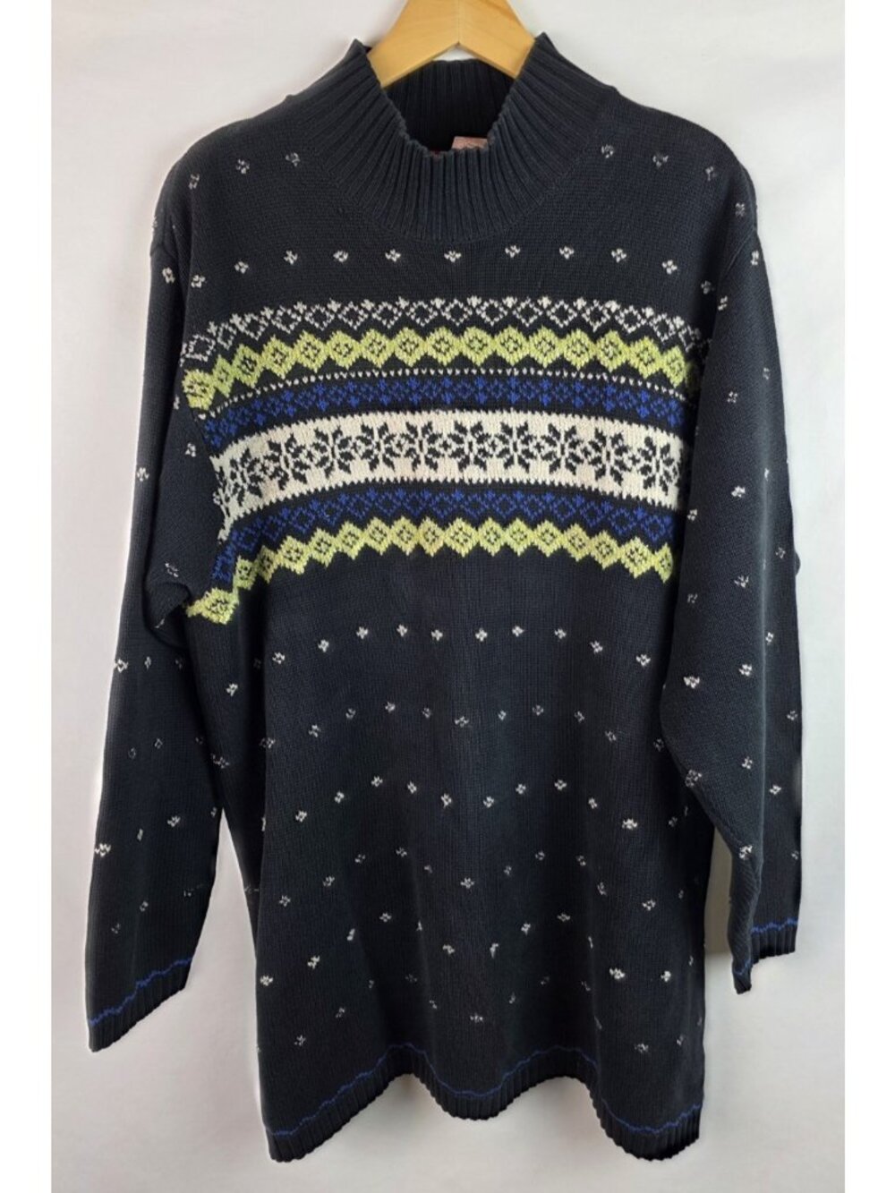 Liz Claiborne Vintage Sweater Womens Size Large Black Fair Isle Mock Neck Knit